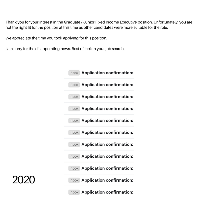 A rejection email above a long list of application confirmation emails