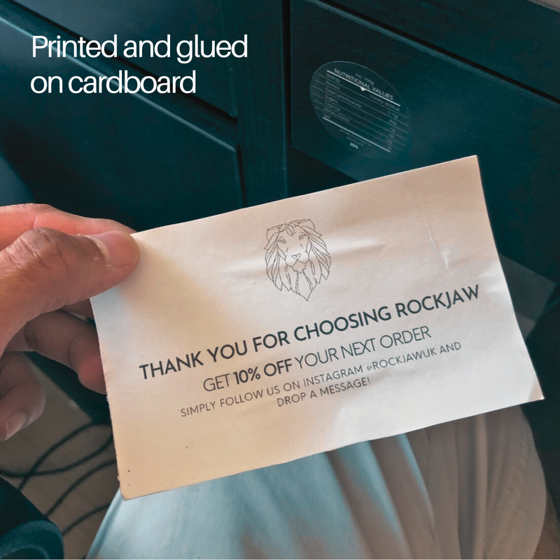 A thank-you card printed and glued on cardboard, offering 10% off the next order